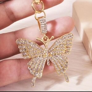 Rhinestone Butterfly Pendant Key Chain, Goldtone
